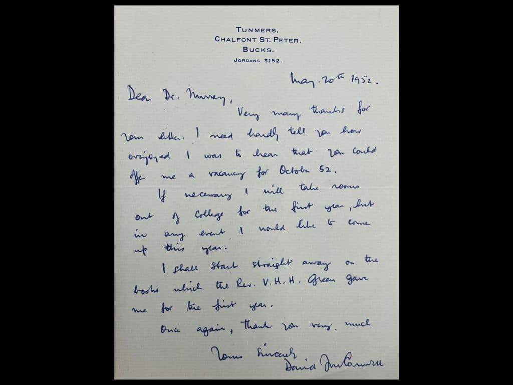 Letter from David Cornwell to Rector Keith Murray, dated 20 May 1952, handwritten in blue ink on headed paper from his family home in Chalfont St Peter