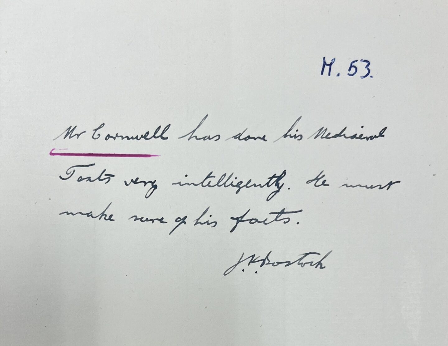 Term report on David Cornwell, Hilary Term 1953, handwritten by his tutor noting his intelligent work on Medieval texts