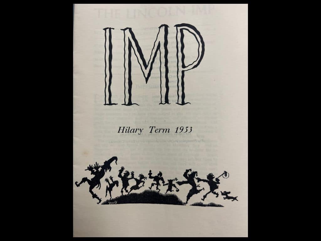 Opening page of the Lincoln College student magazine “The Lincoln Imp,” Hilary Term 1953, with dancing impish figures drawn by Cornwell
