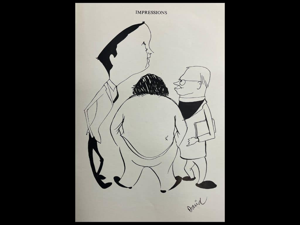 Caricature by David Cornwell published in the Lincoln Imp, Hilary Term 1953, depicting Rector Keith Murray, Fellow Wallace Robson and Chaplain Vivian Green in exaggerated cartoon style