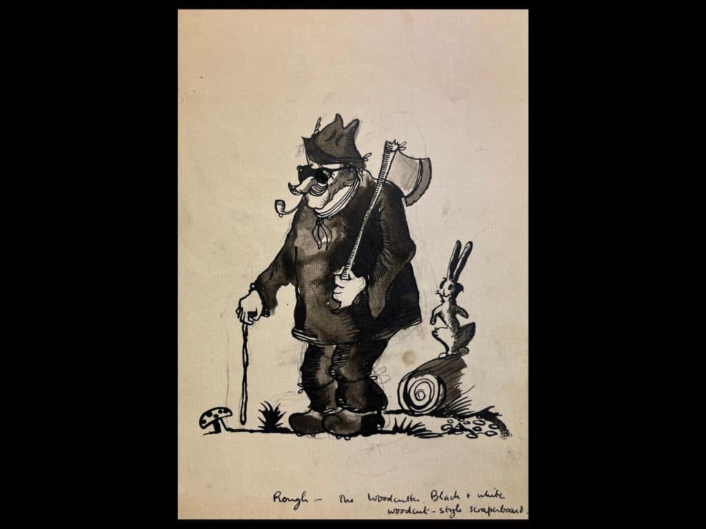 Illustration titled “The Woodcutter” by David Cornwell, created for Vivian Green’s unpublished children’s story The Bears of the Big Mountain, c. 1954. The figure is drawn in black ink with a pipe, axe, and walking stick, alongside a rabbit on a log