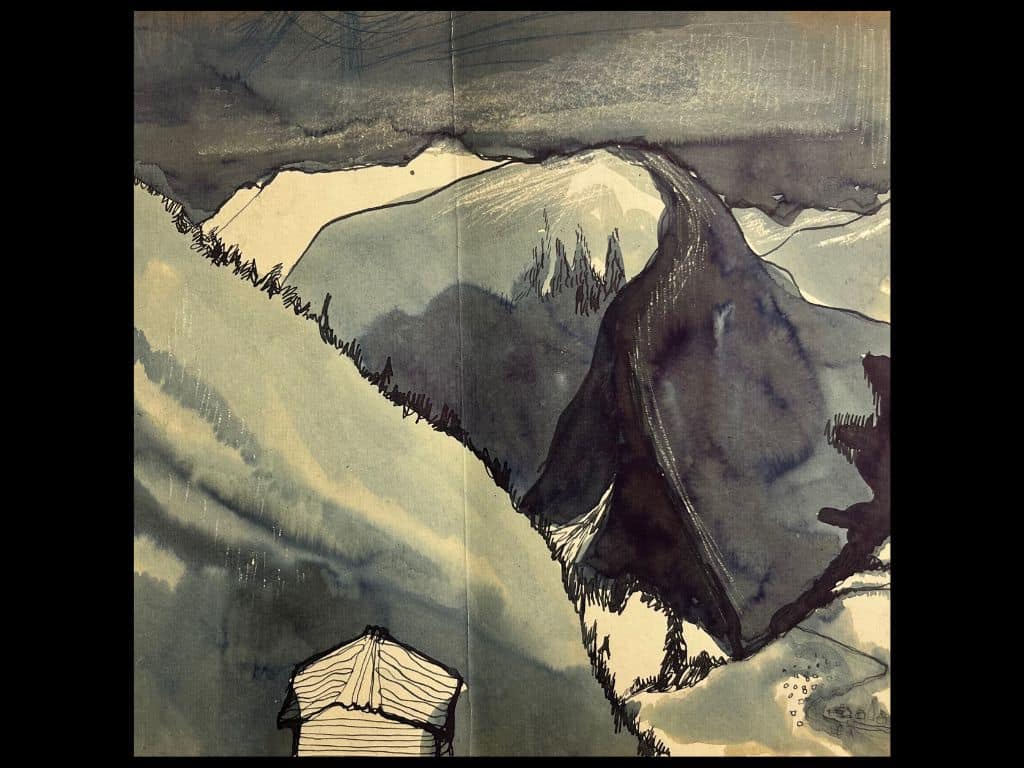 Watercolour and ink scenery illustration by David Cornwell for Vivian Green’s unpublished children’s story The Bears of the Big Mountain, c. 1954, showing Alpine mountains under dark skies with a small wooden hut in the foreground.