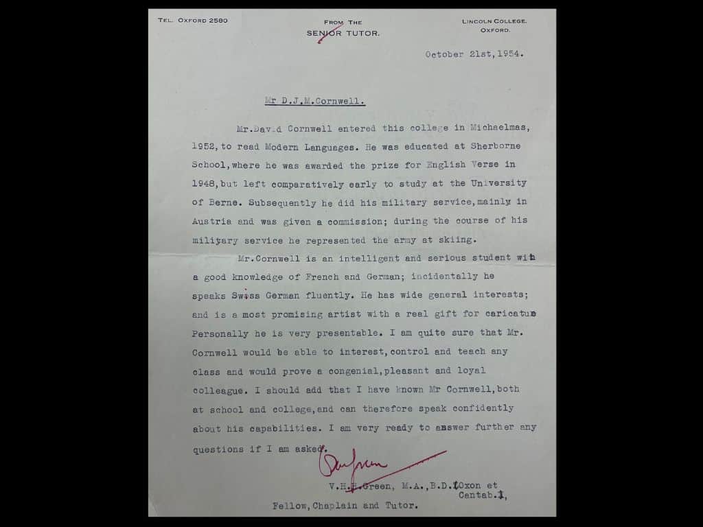 Typed reference letter dated 21 October 1954 from V. H. Green, Senior Tutor of Lincoln College, Oxford, recommending David Cornwell as an intelligent student with artistic gifts and leadership qualities.
