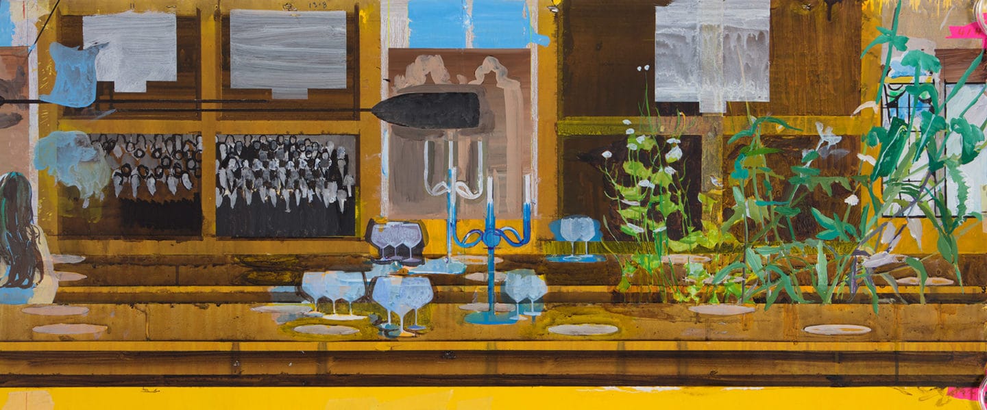 Photo of Lincoln tapestry showing photos, plants, candlabra on or behind a long table