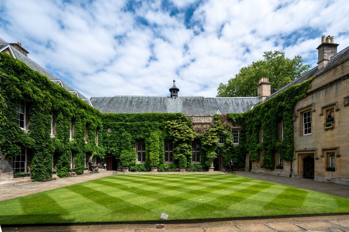 Photograph of Lincoln College's Front Quad with its ivy bright green