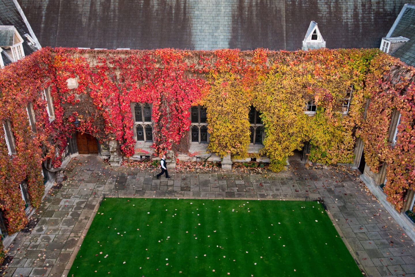 Photograph of Lincoln College's Front Quad from above, featuring its red and yellow ivy and the butler walking across the Quad