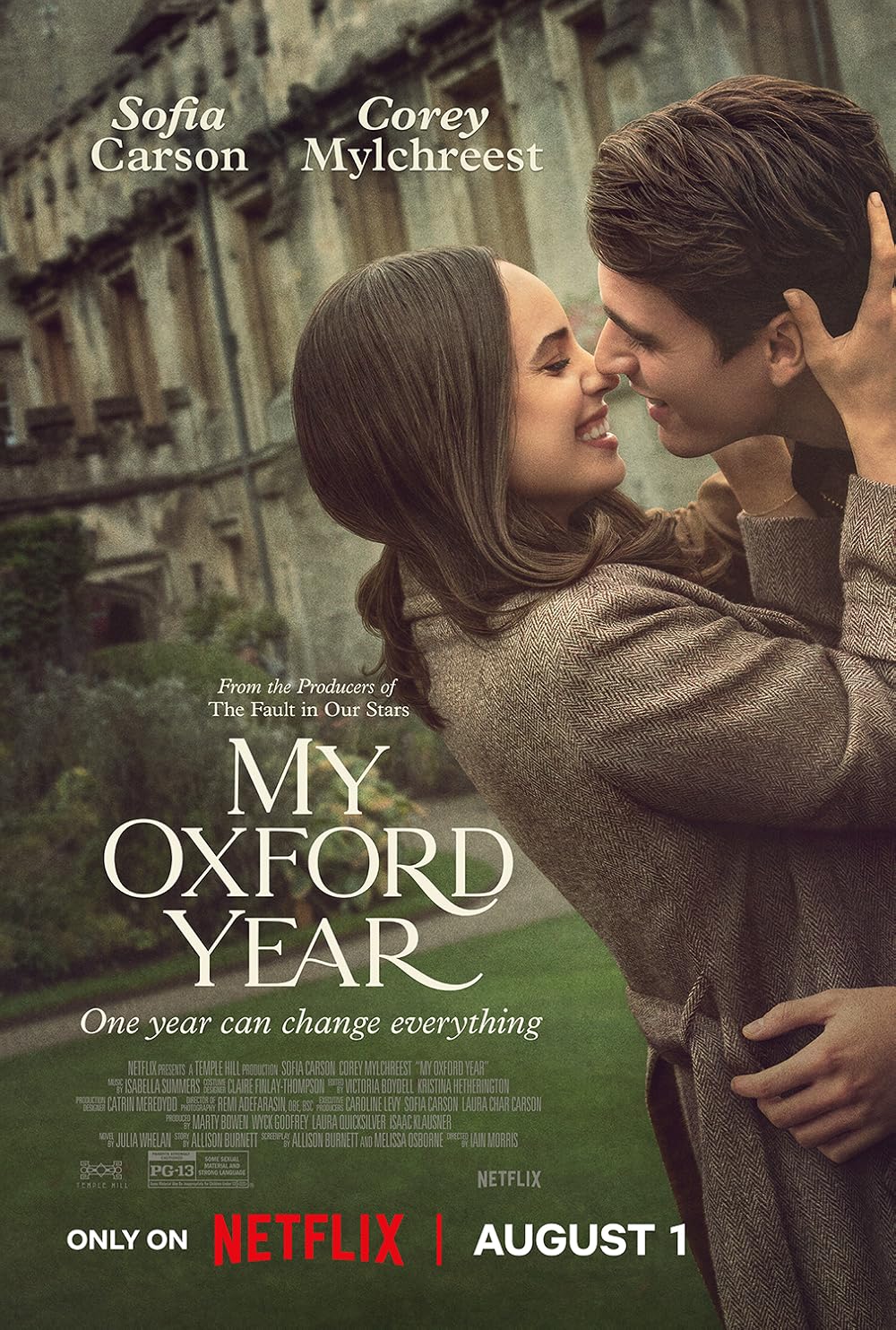 A movie poster for 'My Oxford Year' with a man and a woman about to kiss on Oxford's campus.