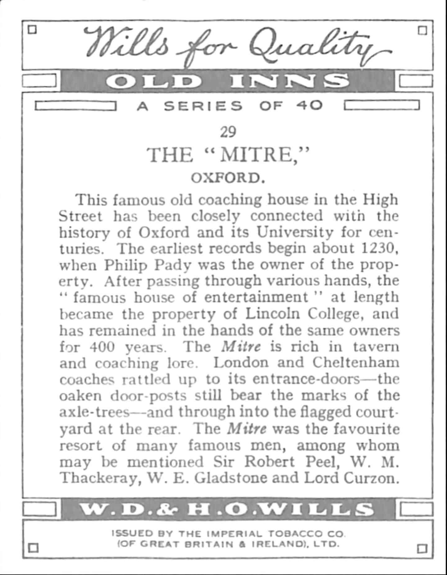 Feature on The Mitre in an Old Inns cigarette card