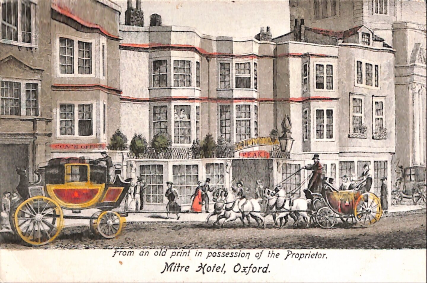 Old postcard featuring the Mitre Hotel, greyscale with flashes of red and yellow