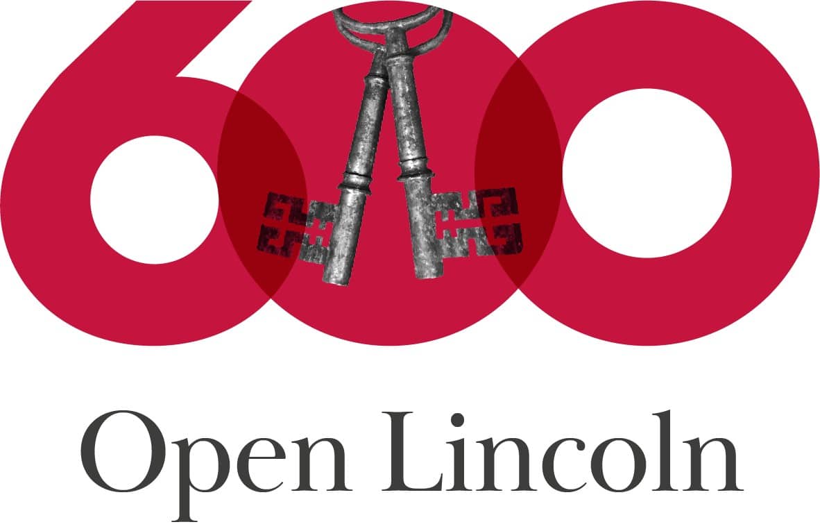 Lincoln College 600th anniversary ‘Open Lincoln’ logo featuring the number 600 in red with crossed silver keys forming the centre of the zeros, and the words ‘Open Lincoln’ beneath.