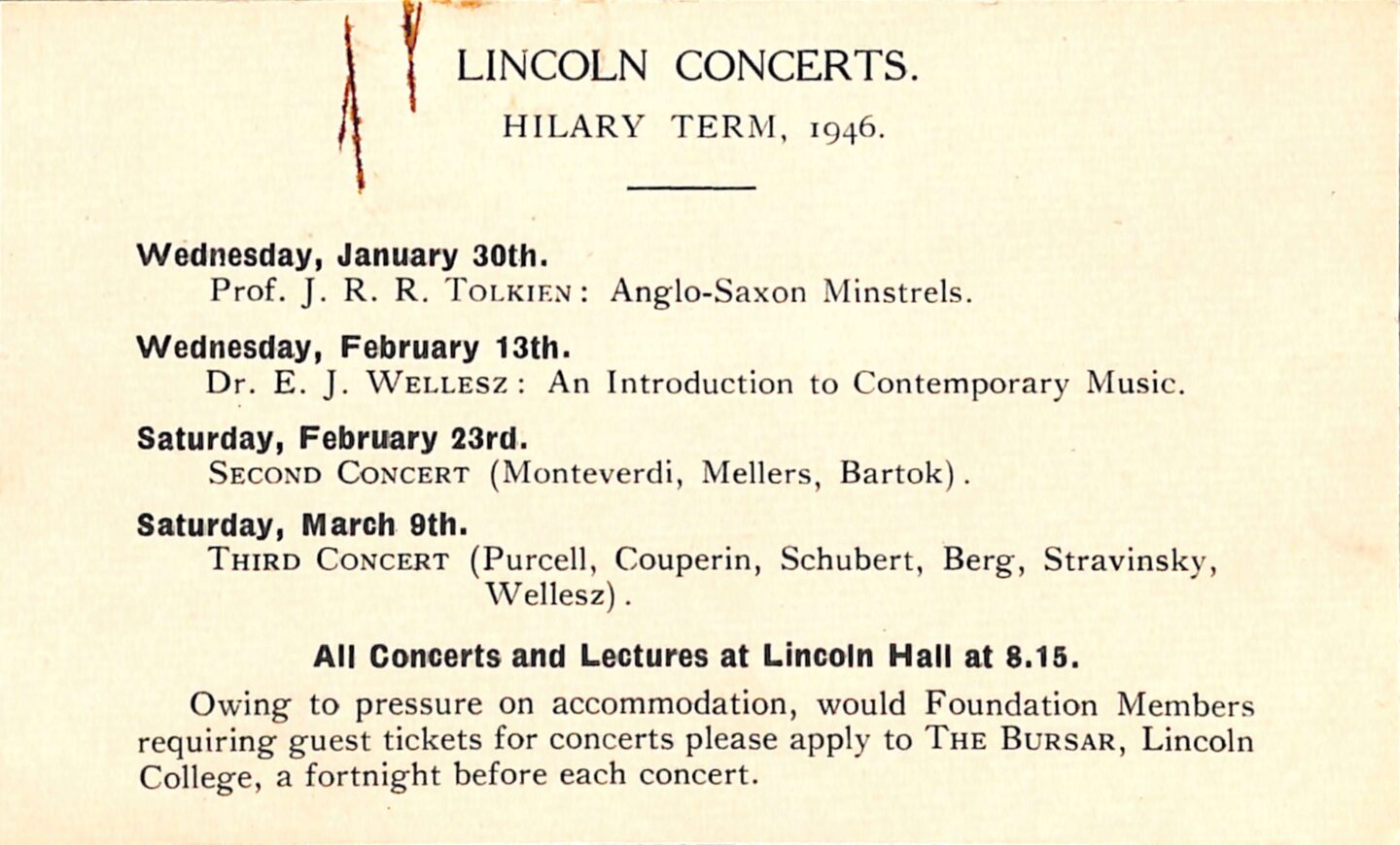 Lincoln Concerts Hilary term card from 1946, with four events: Anglo-Saxon Minstrels by Prof. J.R.R. Tolkien, An Introduction to Contemporary Music by Dr. E.J. Wellesz, and two concerts