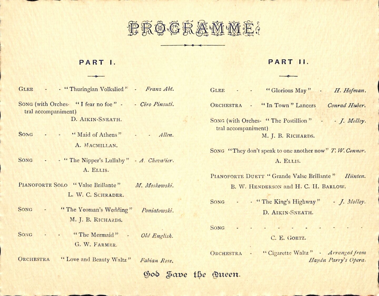 Lincoln College Smoking Concert Programme from Tuesday, 5 December 1893, featuring two parts with a range of different performances, including 'Glee', songs, pianoforte, and orchestra.