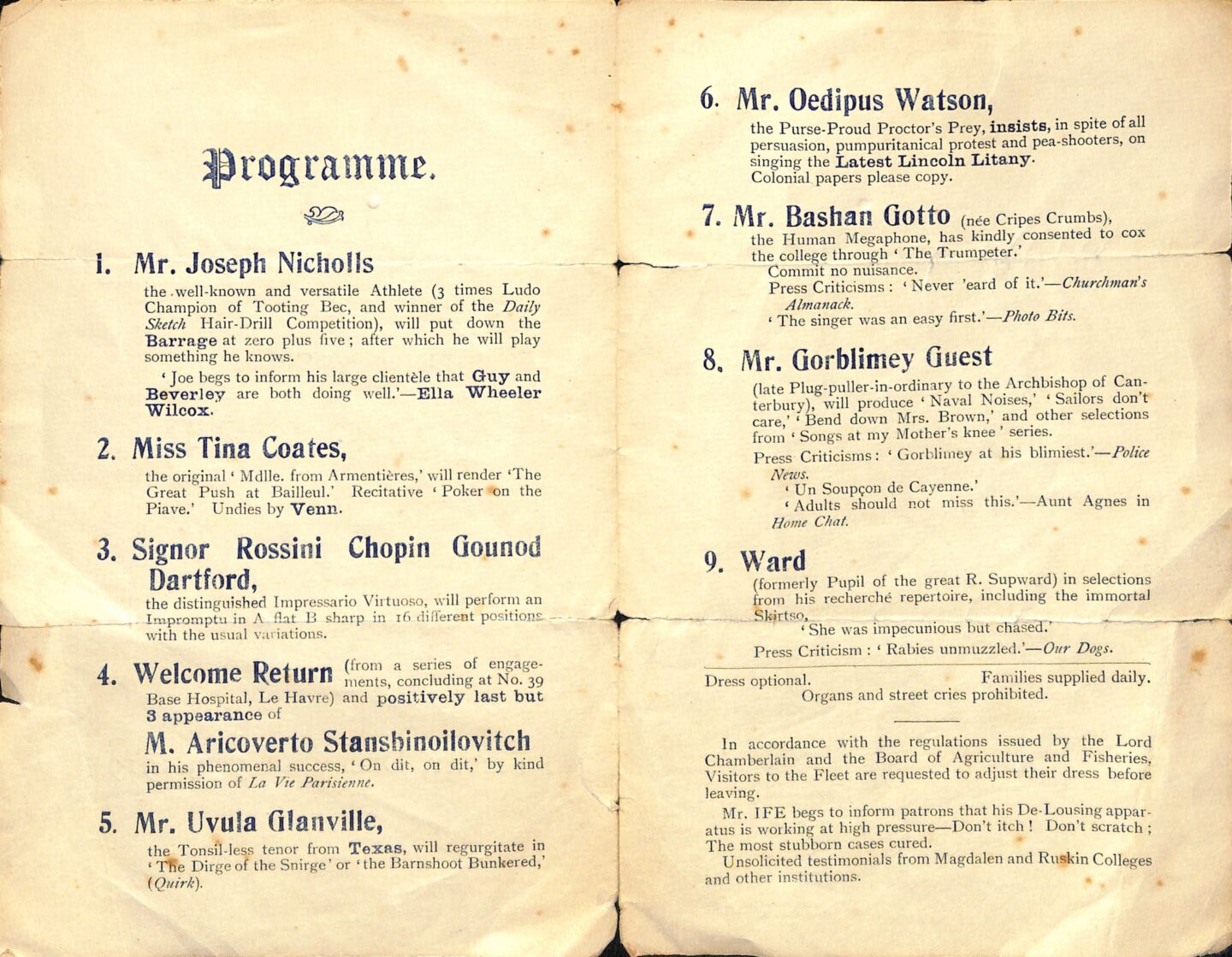 A concert programme from 5 December 1919 with a list of nine performances