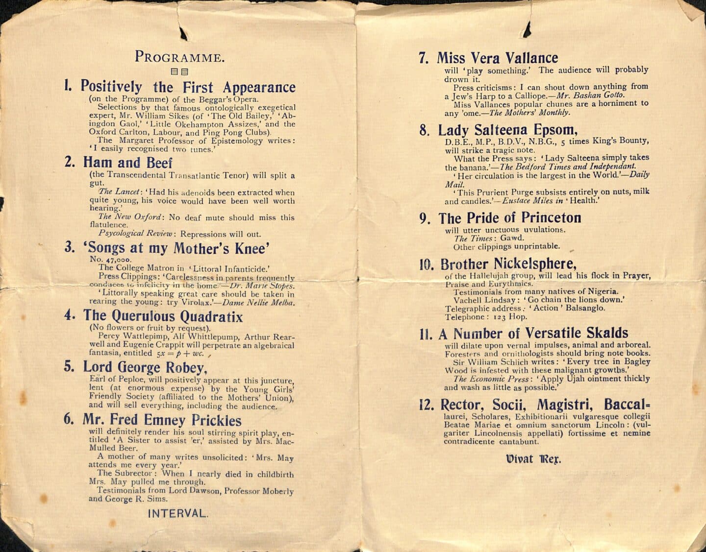 A Lincoln College Smoking Concert programme from 1922 with a list of twelve performances