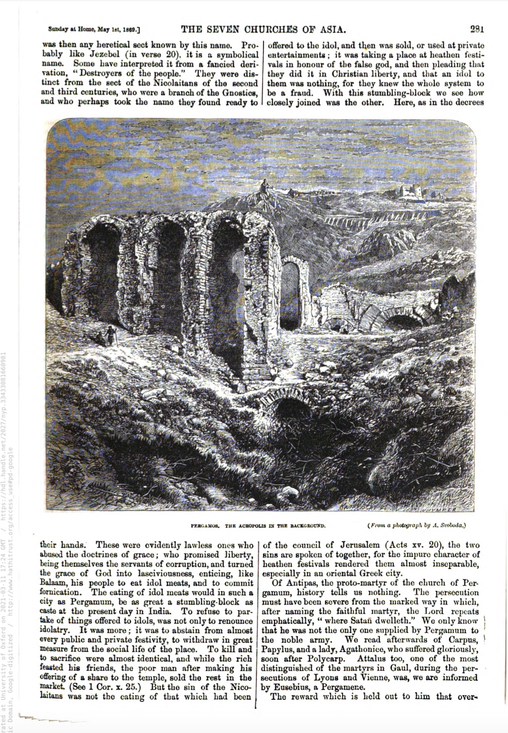 Black and white screenshot of a page of an article in Sunday at Home of ruins in Pergamos