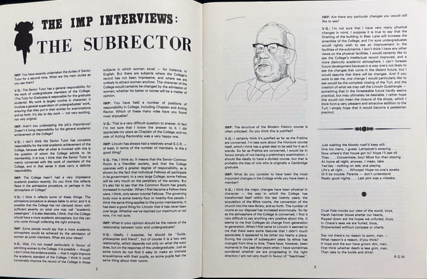 Double page from the 1976 issue of The Imp, featuring an interview with the Subrector