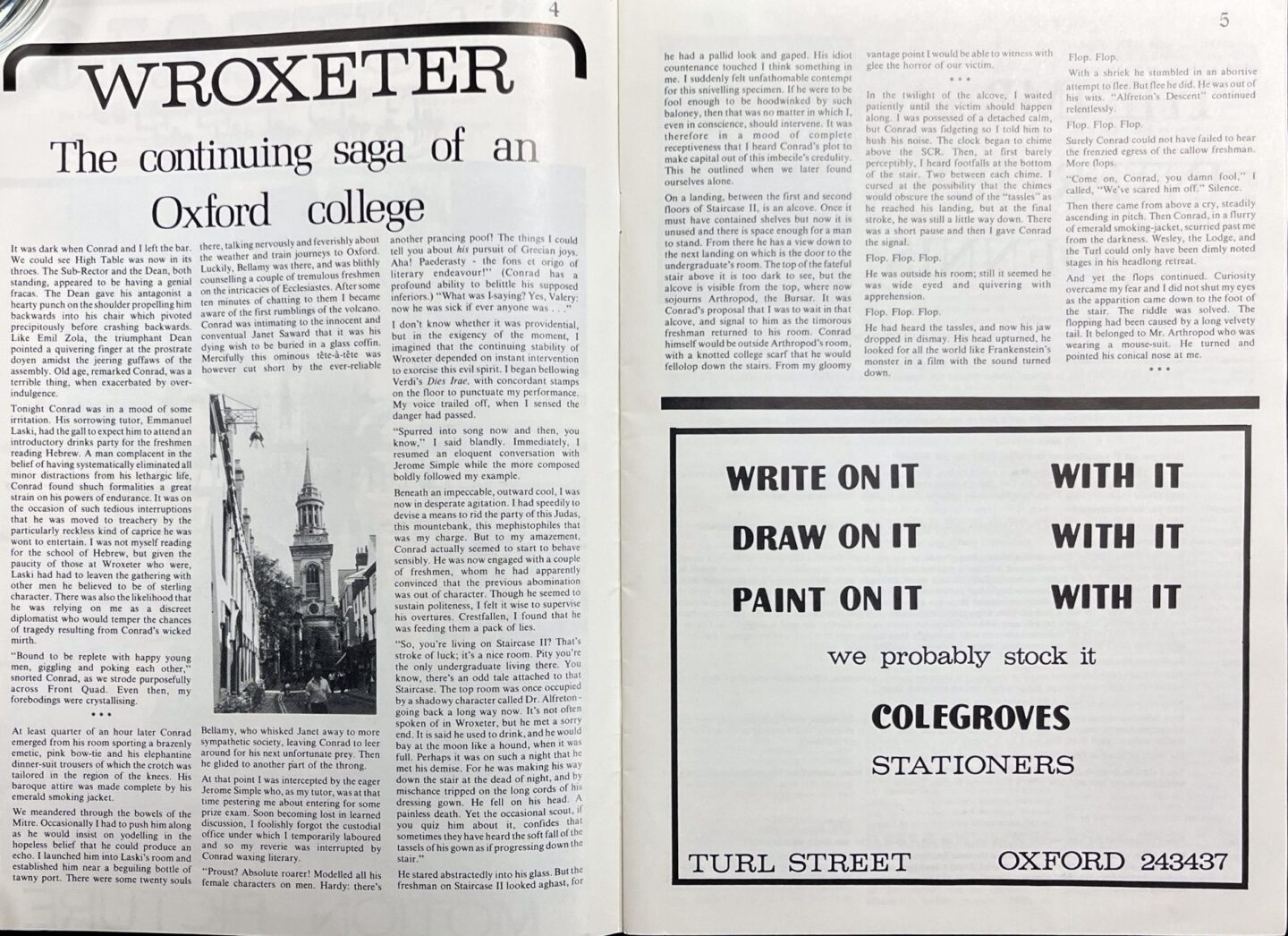 Double page from the 1984 volume of The Imp, a feature on 'Wroxeter - the continuing saga of an Oxford college'