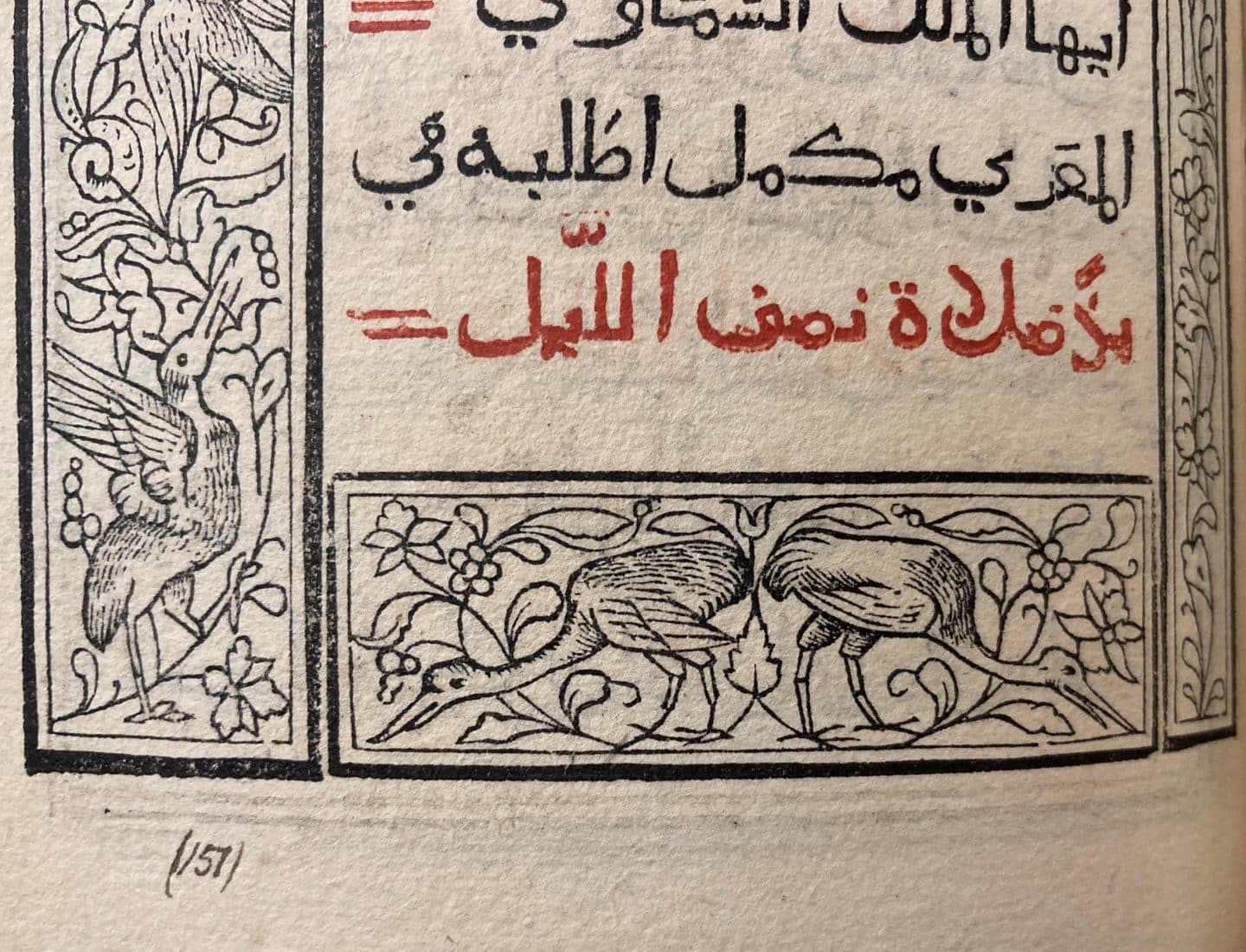 Title page of an Arabic manuscript, cropped to highlight border illustrations of birds