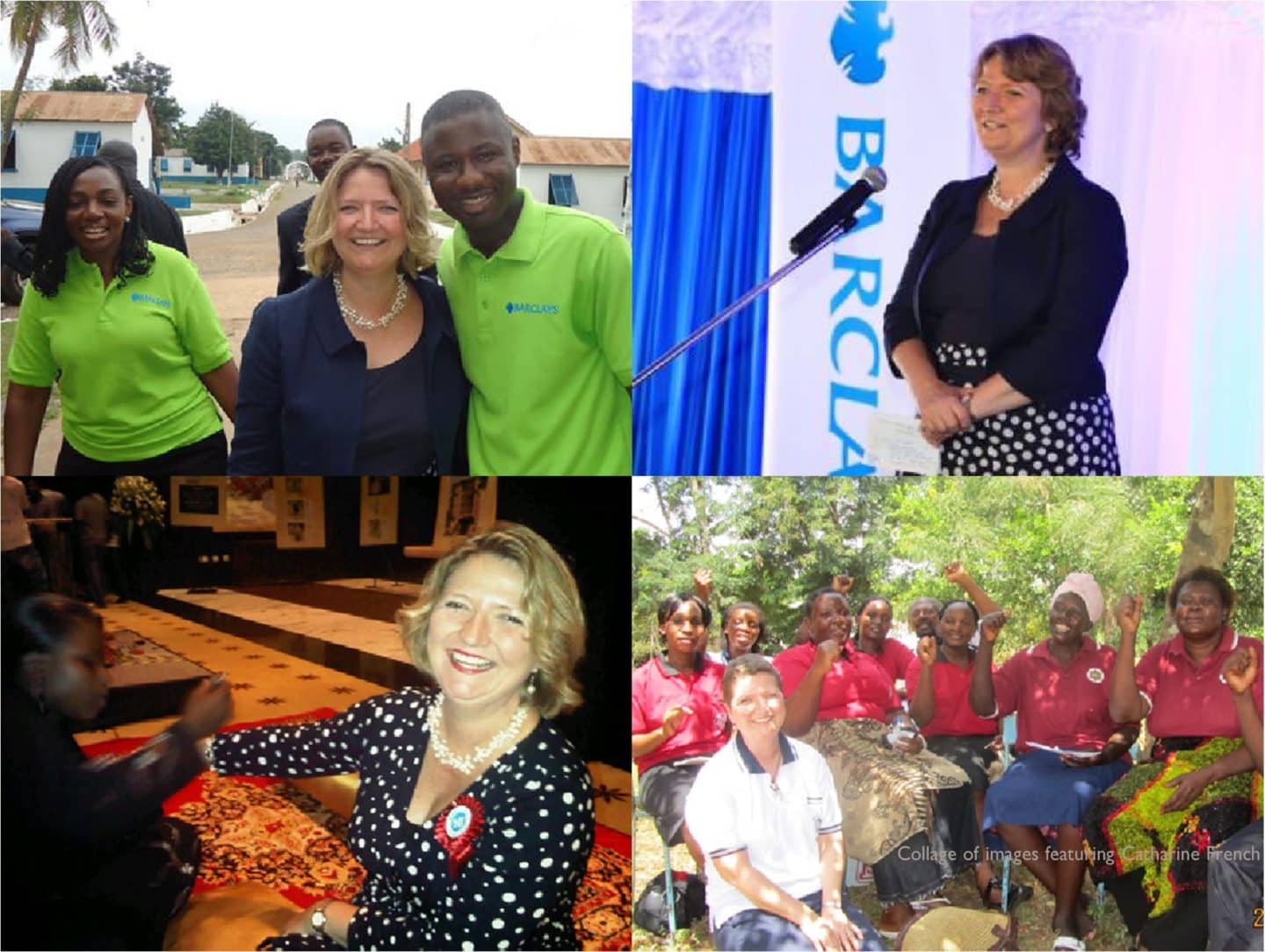 Collage of four pictures of Catharine French: posing with a man and a woman in green Barclays t-shirts, speaking at a mic with the Barclays logo in the background, seated with a woman, and seated with a group of women in red t-shirts