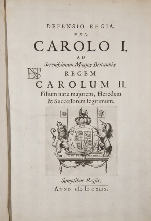 Title page of a book: Defensio Regio pro Carolo I. Ad Serenissimum Magnae Britanniae, Regem Carolum II.