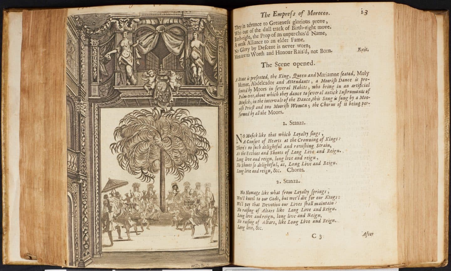 The Empress of Morocco. The book’s libretto is illustrated by printed engravings of the baroque proscenium arch of Christopher Wren’s Dorset Garden Theatre on Drury Lane.