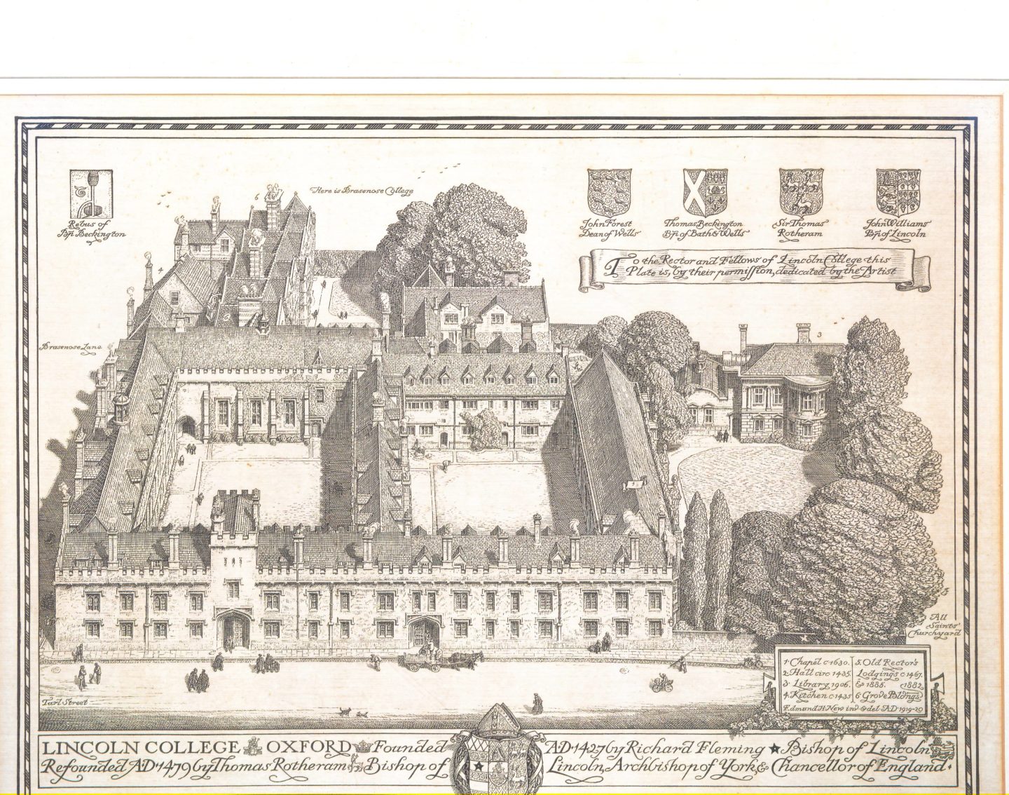 Engraving of the aerial view of Lincoln College