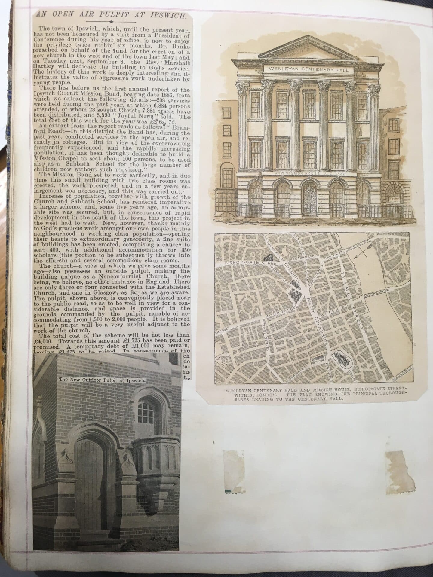 Old article on a page of a book, titled 'An Open Air Pulpit at Ipswich, with a photographs of the new outdoor pulpit, a sketch of Wesleyan Centenary Hall, and a street map of the area showing the principal thoroughfares leading to the Hall.