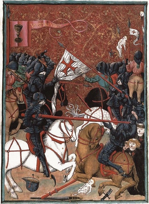 Artistic depiction of a battle in the Crusades, with men on horses, monks and babies