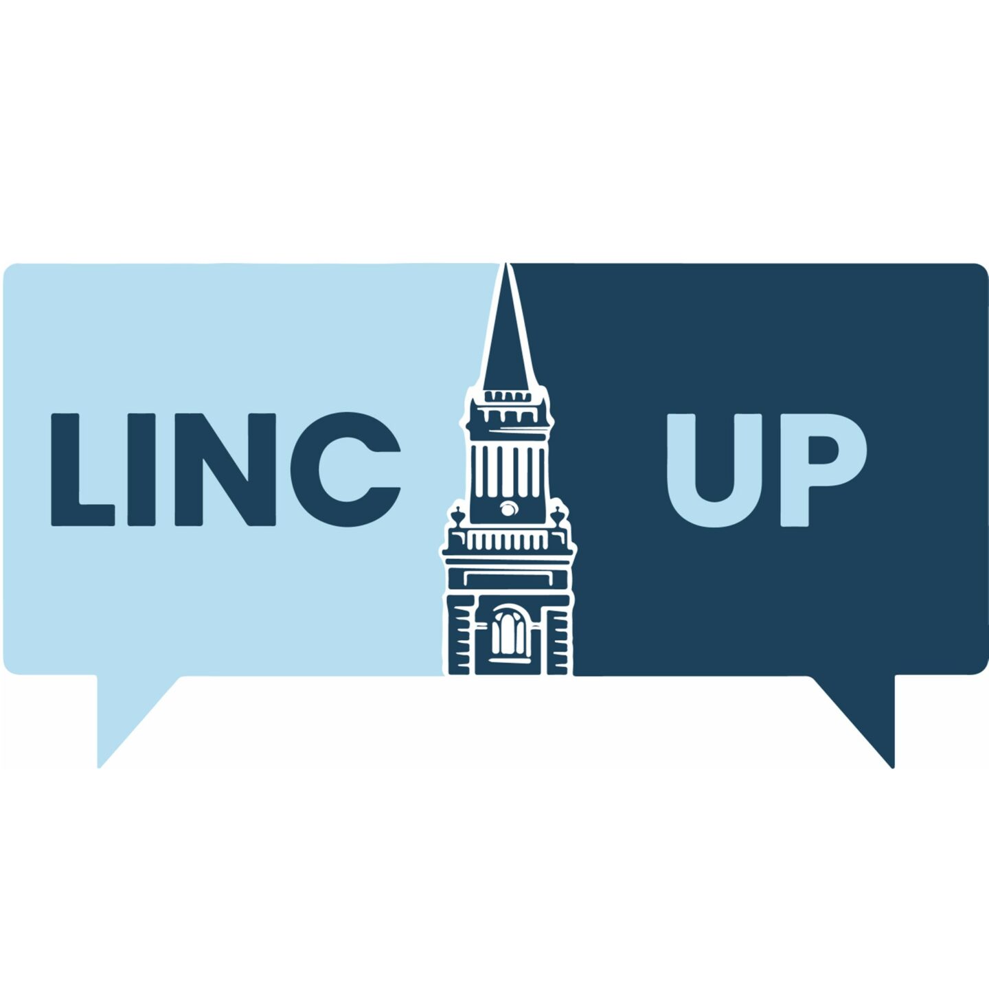 Logo of Linc Up - a speech bubble with two halves in different shades of blue, with a sketch of the Lincoln Library tower in between the words "Linc Up"