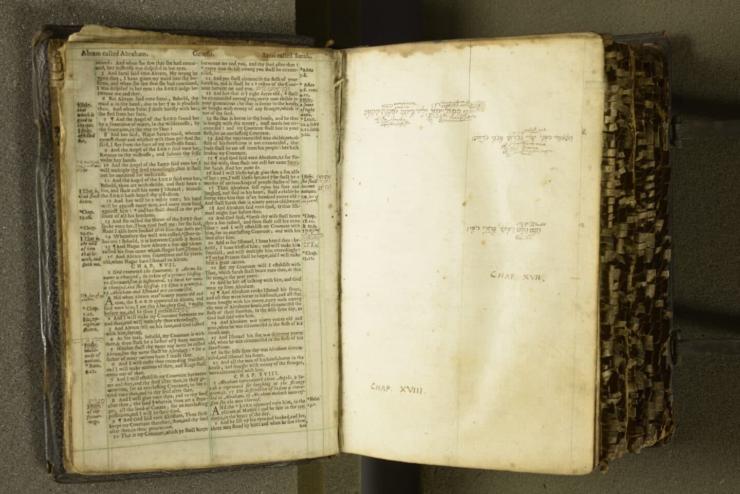 The Marshall Bible open, the left page bearing text from the Book of Genesis