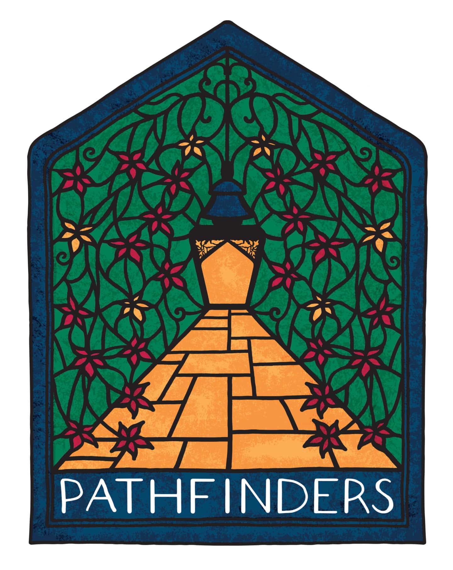 Pathfinders logo: a yellow path leading to a yellow doorway with a blue bell above; around them are yellow and red flowers against a green background.