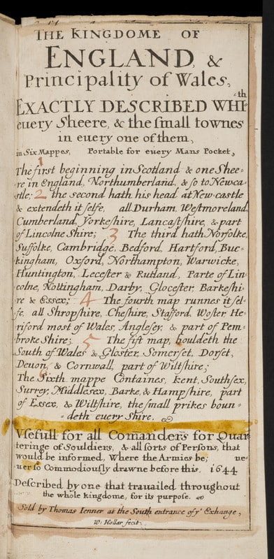 Front page of a book or pamphlet, beginning 'The Kingdom of England & Principality of Wales, exactly described with every shire and the small towns in every one of them...'