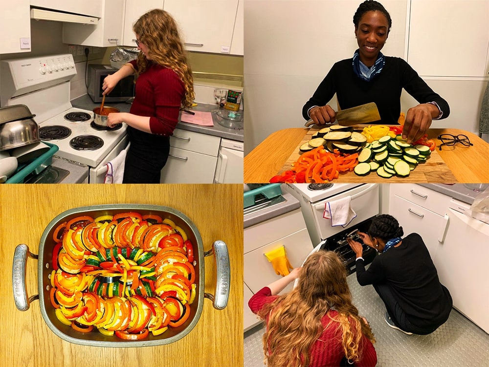 Collage of two young women cooking a ratatouille