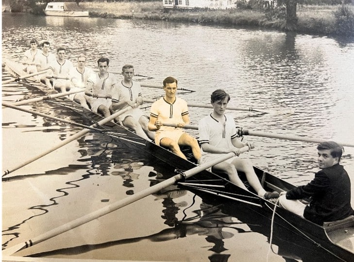 Photo of Michael Robinson rowing number 7 in the college 1st Torpid 1961