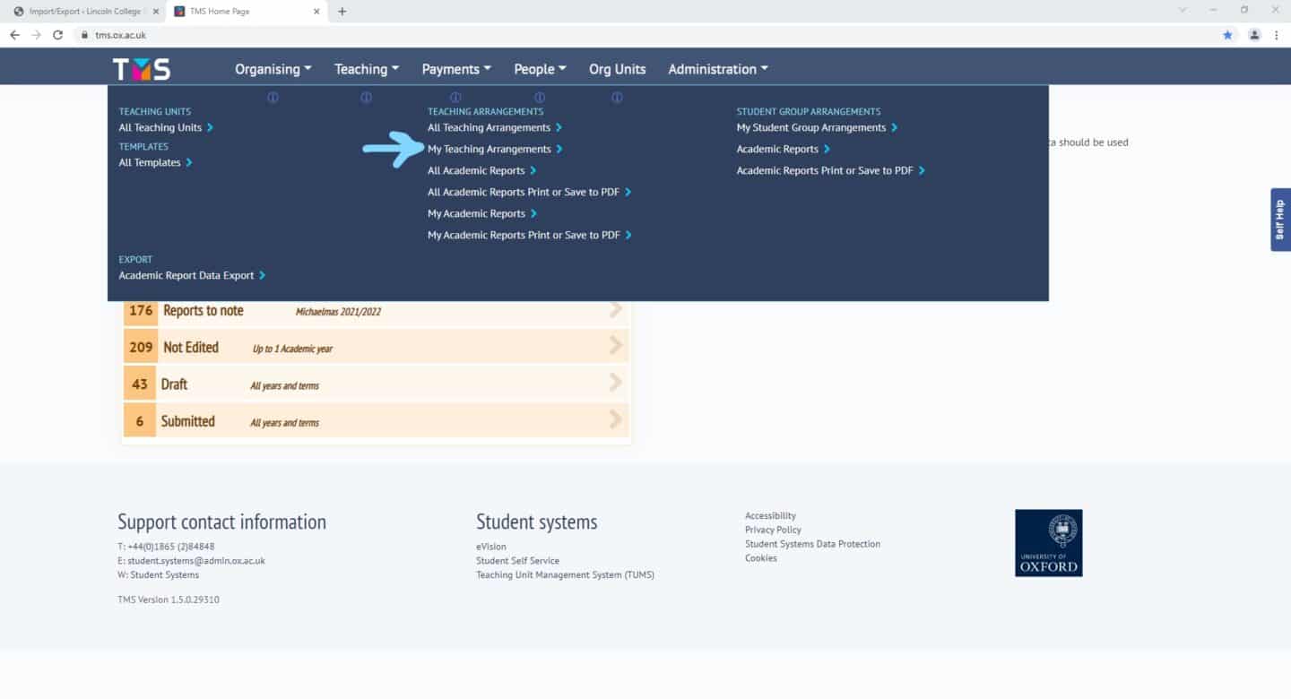 Screenshot of the tms.ox.ac.uk webpage, with an arrow highlighting the menu option 'My Teaching Arrangements' under 'Teaching Arrangements'