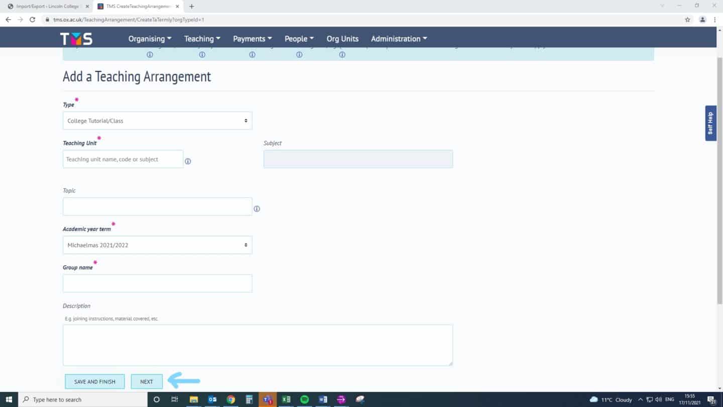 Screenshot of the tms.ox.ac.uk webpage with the 'Add a Teaching Arrangement' form, with an arrow highlighting the 'Next' button at the bottom