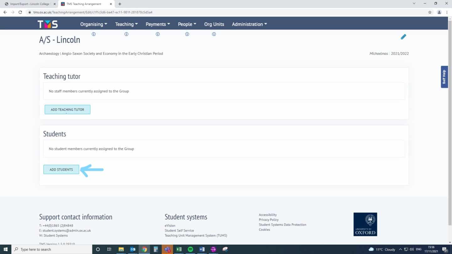 Screenshot of the tms.ox.ac.uk webpage for an archaeology class, with an arrow highlighting an 'Add Students' button