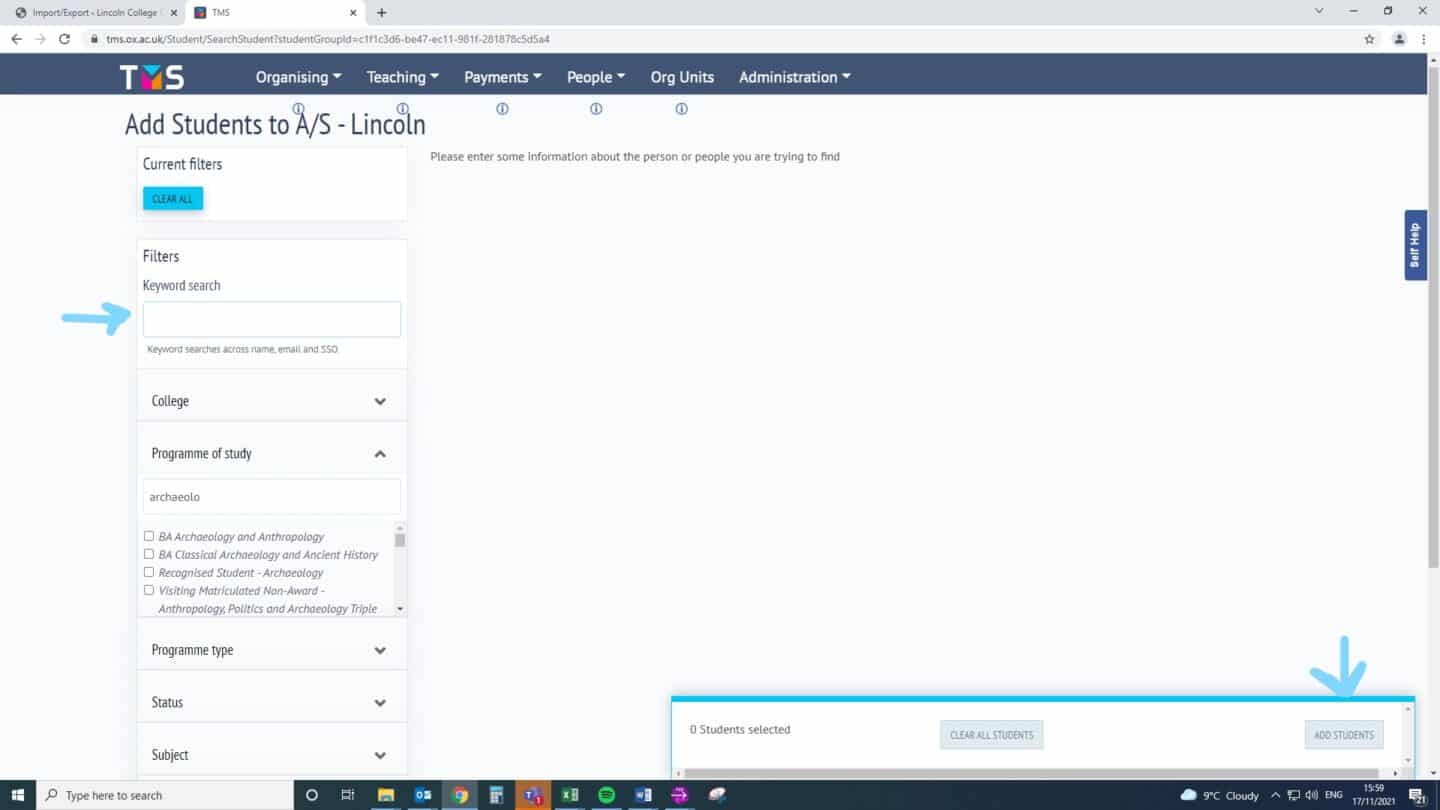 Screenshot of the tms.ox.ac.uk webpage, specifically 'Add Students to A/S - Lincoln', with an arrow highlighting a 'Keyword search' box
