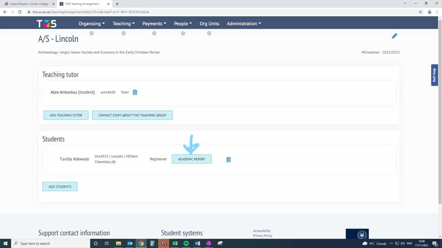 Screenshot of the tms.ox.ac.uk webpage for an archaeology class, with an arrow highlighting an 'Academic Report' button next to student information