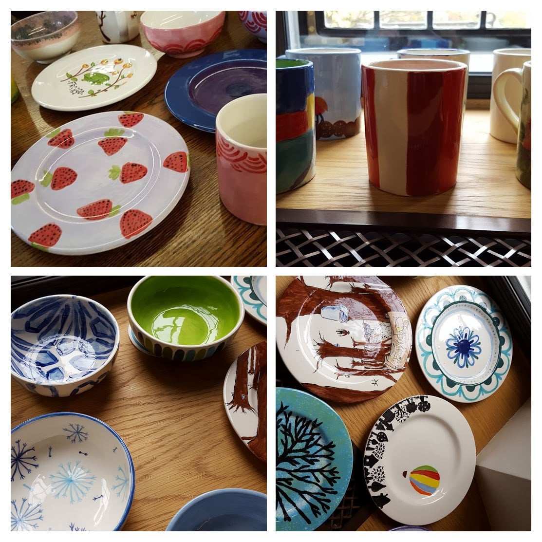 Collage of four pictures of painted ceramic plates, bowls, and mugs